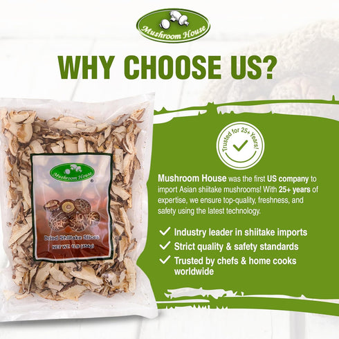 1 LB Mushroom House Dried Shiitake Mushroom Slices - Bulk Bag - All-Natural, Non-GMO, Evenly Sliced, Sealed