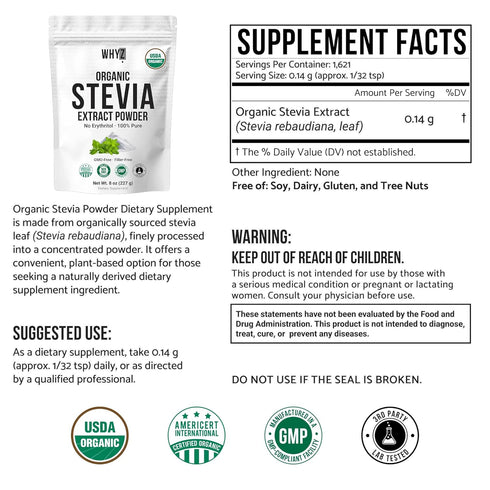 227g, 1600+ Organic Stevia Powder, Zero Calorie Pure Stevia Sweetener for Drinks, Powder for Baking and Beverages - No