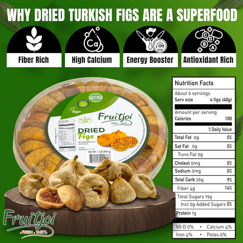 8.8 oz (250 Fruitjoi Turkish Dried Figs Premium Natural Figs, No Added Sugar, High Fiber Vegan Snack, Resealable