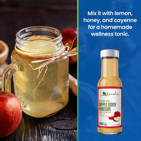 Immunity 8 oz Kevala Organic Raw Apple Cider Vinegar - Glass Bottle, Unfiltered and Unpasteurized Apple Cider Vinegar