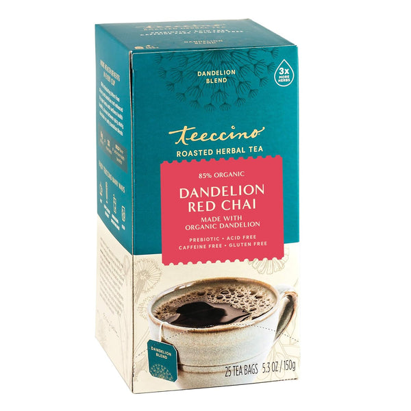 Teeccino Dandelion Red Chai Tea - Caffeine-Free Herbal Tea with Prebiotics, 25 Tea Bags, Gluten Free