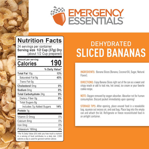 10-Year 24 Emergency Essentials, Dehydrated Banana Slices, Emergency Food Supplies, Shelf Life, Servings