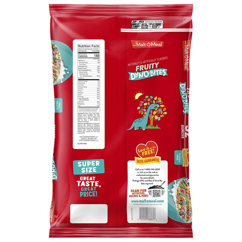 32 OZ Malt-O-Meal Fruity Dyno Bites Cereal, Gluten Free Breakfast Cereal with Fruity Flavor, Resealable Bag