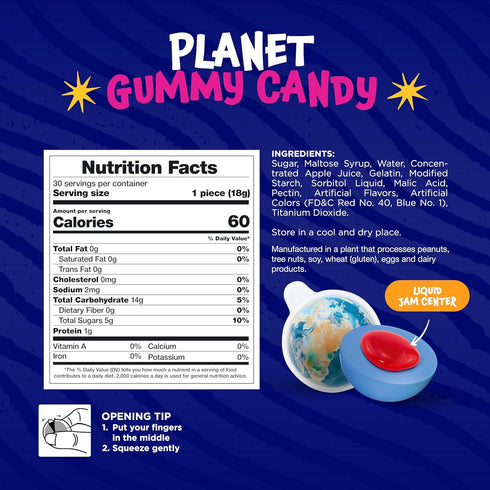 Gummy 19 Oz (30 Count) Gummies Gummy Gummies Earth Planet Balls - Jar - Strawberry Jelly Filled - Individually Wrapped