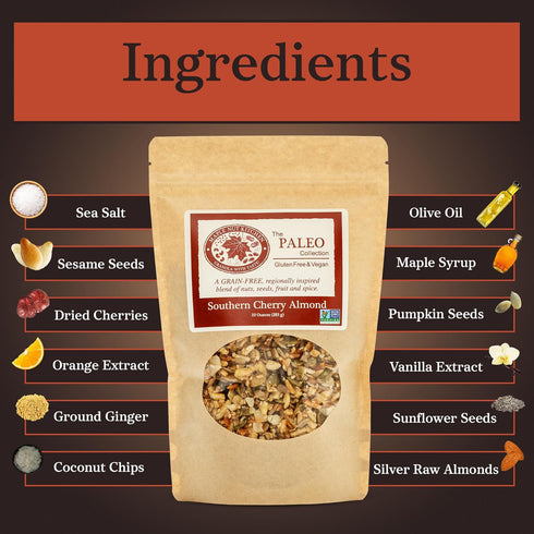 10 oz Maple Nut Kitchen Southern Cherry Almond Granola Paleo Grain Free Nut Granola with Tart Cherries, Coconut & Seeds
