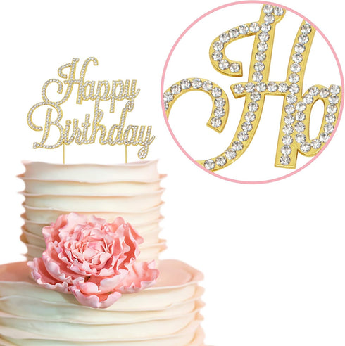 Happy Birthday Cake Topper - Premium Gold Metal, Sparkly Rhinestone Decoration Makes a Great Centerpiece