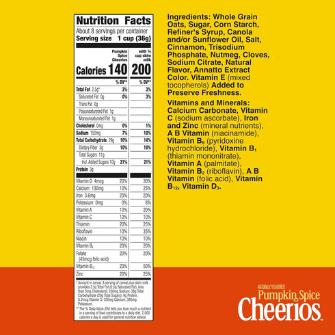 10.8 OZ Pumpkin Spice Cheerios, Gluten Free Breakfast Cereal