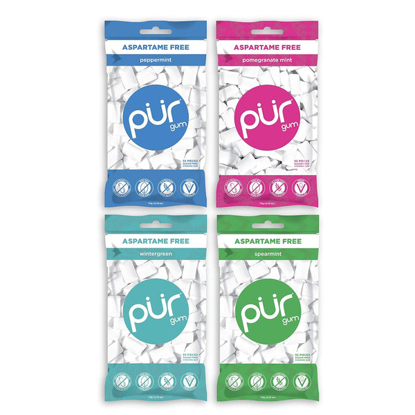Pur Gum Variety Pack, Peppermint, Pomegranate Mint, Spearmint, Wintergreen, 55 Pieces each