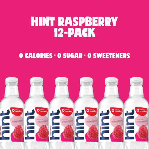 16 Oz (Pack 12) Hint Flavored Bottled Water, Raspberry - Purified Water Beverages with Zero Calories, Natural Flavors
