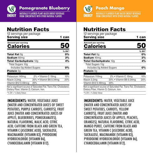 V8 Pack, 8 OZ (Pack 24) +ENERGY Pomegranate Blueberry and Peach Mango Energy Drink Variety FL Can