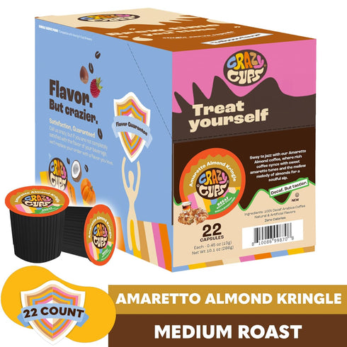 22 Count Crazy Cups Amaretto Decaf Coffee, Decaffeinated Amaretto Almond Kringle Coffee Pods for K Cup Keurig Machines