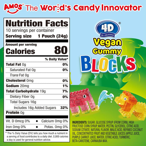4D Gummy (8.47 oz Pack 1) AMOS Vegan Blocks Candy Assorted Fruit Flavors, Made with Real Juice, Fun-to-Build Edible