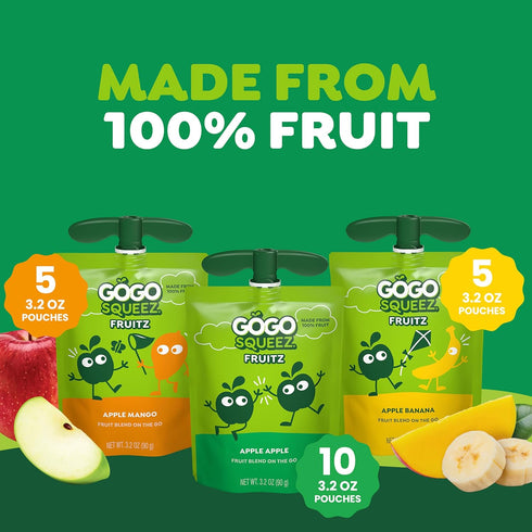 Pack, 3.2 oz (Pack 20), GoGo squeeZ No Sugar Added Applesauce and Fruit Puree Variety Apple, Mango & Banana, Pouches