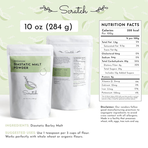 Scratch Diastatic Malt Powder for Baking, 10oz Dried Barley Malt for Bread, Premium Baking Ingredients