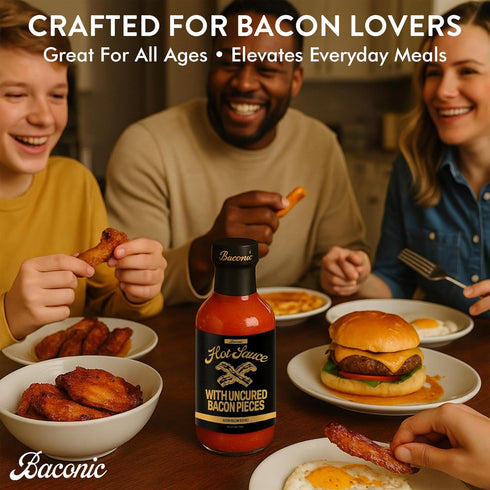 Baconic 12oz Bacon Infused Hot Sauce with Real Bacon Bits - Spicy, Zero Sugar, Keto-Friendly, No Seed Oils - Bold