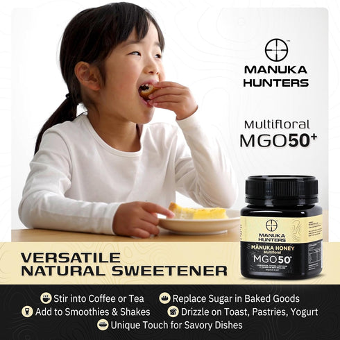 50+ 100% 8.8oz/250g Manuka Hunters/MGO Certified New Zealand Manuka Honey - Pure Natural Sweetener - Gluten, Dairy Free