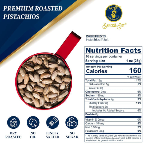 1 LB, 100% 1 LB AZNUT Turkish Antep Roasted Salted Pistachios Natural Premium Quality Class A, Non GMO Project