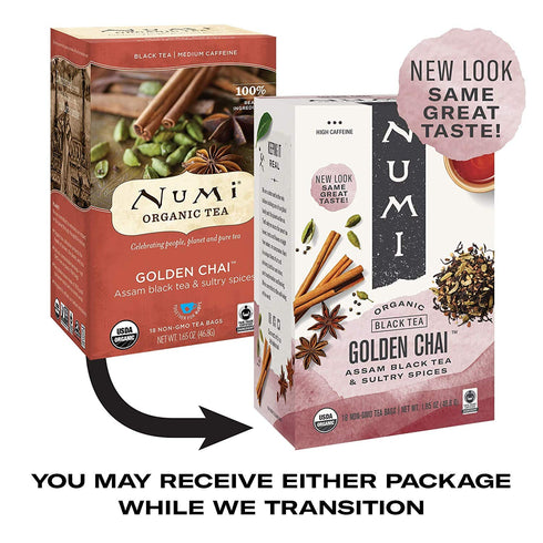 18 (Pack 3), (Packaging Numi Organic Golden Chai Tea, Tea Bags of Assam Black Tea, Cardamom, Ginger & Anise May Vary)