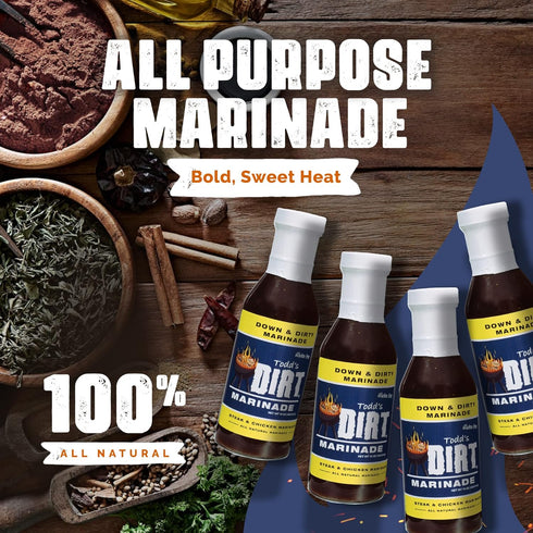 Todd's DIRT 15oz 4 Pack, 100% Todds DIRT - Down and DIRTY Marinade Bottles Steak, Pork and Chicken Marinade, Gourmet