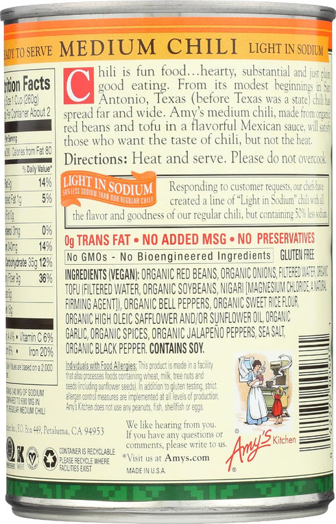 14.7 Oz Amy's Organic Chili, Vegan Medium Chili, Light in Sodium, Gluten Free, Made With Red Beans and Tofu