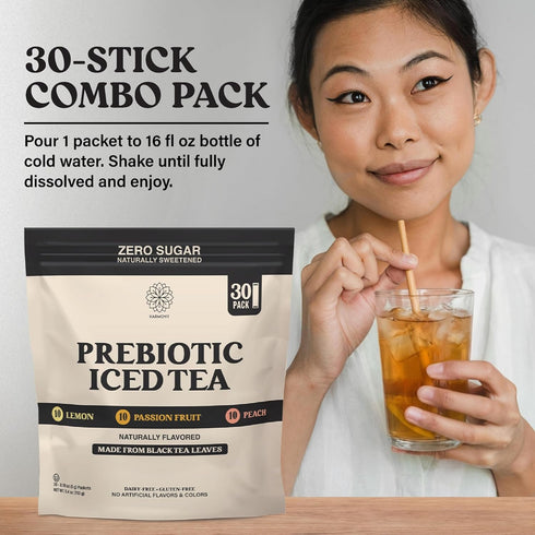 Pack 3 30 Packs Harmony Prebiotic Black Tea Variety - Flavors Peach Lemon Passion Fruit, Iced Tea Drink Mix with Plant