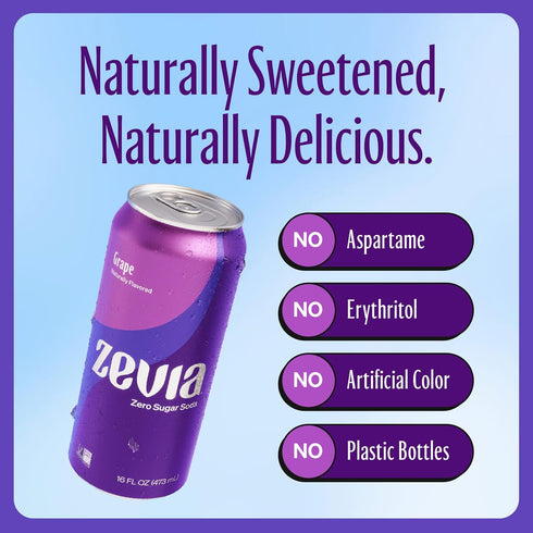 Soda,Grape,16 oz Verified,Gluten-Free,Vegan,(Pack 24) Zevia Zero Sugar Cans Naturally Sweetened,Non-GMO Project
