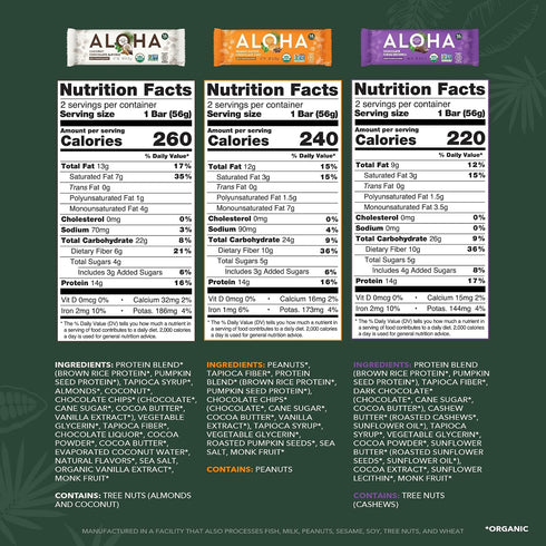 6 Pack 12 Count, 1.9oz ALOHA Organic Plant Based Protein Bars - Flavor Variety - Bars - Vegan Snacks, Low Sugar