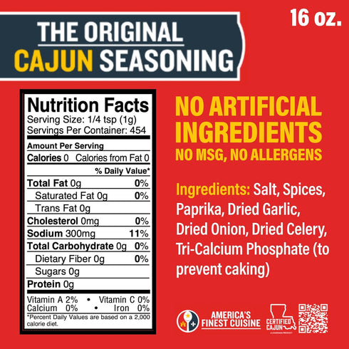 16 oz Pack 4, Original Cajun Seasoning - Jar, of Low Sodium, No MSG, All Natural - Authentic Louisiana Spice
