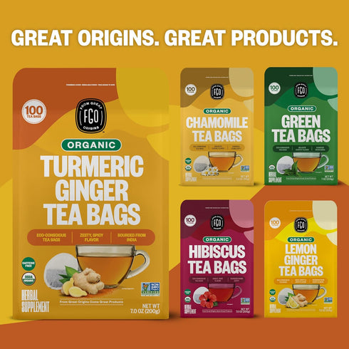 100 Count, Packaging (Pack 1) FGO Organic Turmeric Ginger Tea, Eco-Conscious Tea Bags, May Vary