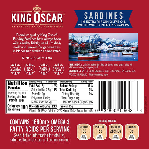 3.75-Ounce (Pack 12), King Oscar Premium Sardines in Extra Virgin Olive Oil with White Wine Vinegar & Capers, Cans