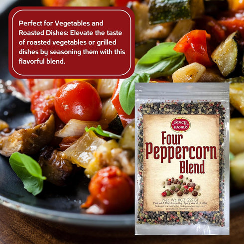 Spicy World Four Peppercorn Rainbow Blend, 8 Oz - Whole Black, Green, White & Pink Peppercorns