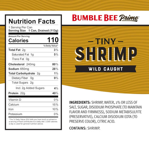 6 oz 22g Bumble Bee Prime Tiny Shrimp, Can - Wild Caught Canned Shrimp with Protein - Peeled and Deveined Ready to Eat