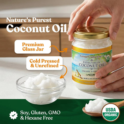Country 6.76 oz Coconut Living's Extra Virgin Coconut Oil - Cold Pressed, Unrefined organic Superfood for Hair, Skin