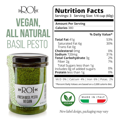 ROI Pesto Sauce - Vegan Pesto - Fresh Ligurian Basil Pesto Made of Genovese DOP basil and EVOO - Gluten Free Pesto - Keto Friendly Basil Sauce - Non-GMO - Made In Italy - 6.3 oz (180g) (Pack of 1)