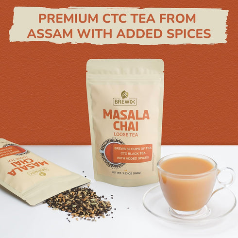 BREWIX Masala Chai Tea Loose Leaf CTC, Strong Robust & Aromatic, Blended with Ginger, Cinnamon, Cardamom