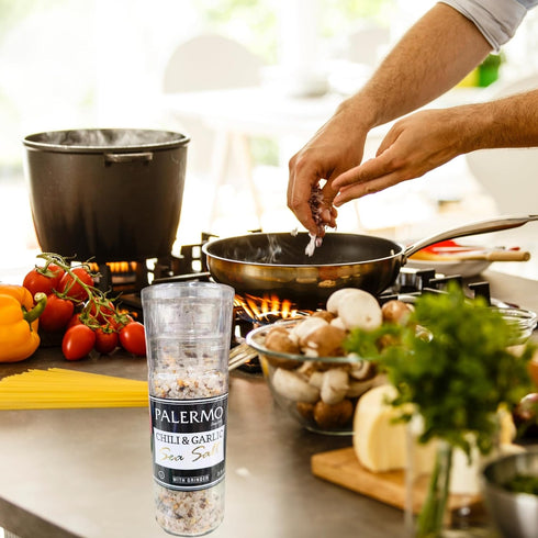 The Become your own BOSS Academy 3.9 Oz Palermo Chili & Garlic Sea Salt Seasoning with Grinder Bottle, Savory Seasoning