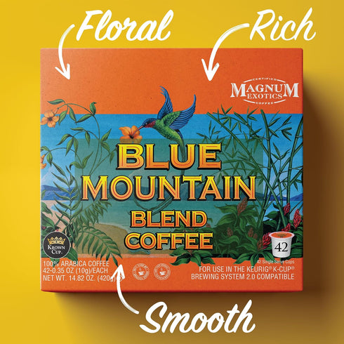 100% 42 Count (Pack 1) Magnum Exotics Coffee, Blue Mountain Blend - Light-Medium Roast, Ground Coffee Pods, Single