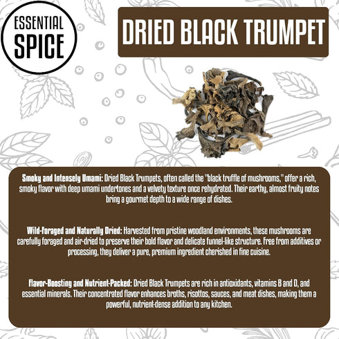 (1, 4, Essential Spice Dried Black Trumpet Mushrooms Whole, Deep Smoky Umami Flavor Gourmet Wild Mushrooms for Sauces