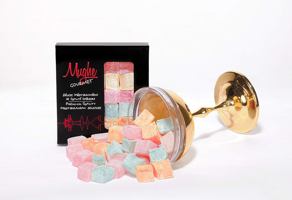Mughe Gourmet Turkish Delight Candy Gift Box - 7oz/200g - Halal, Vegan Lokum Fruit Flavors for Special Occasions