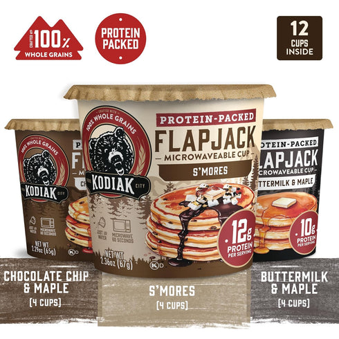 Pack Kodiak Cakes Protein Pancake On The Go Flapjack Cups Mix; Buttermilk, Chocolate Chip, & Smores Variety