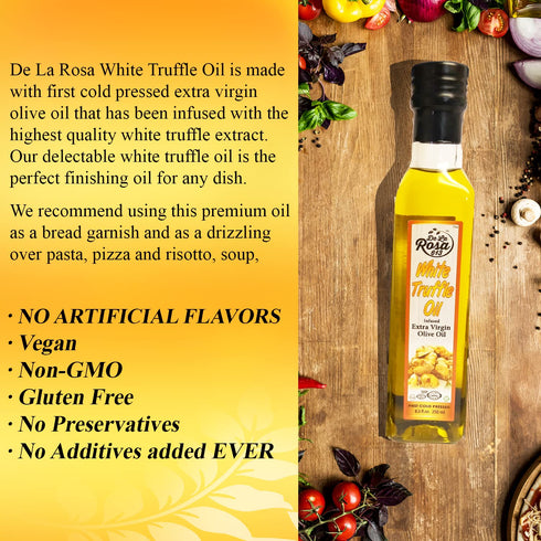 8.45 Oz (Pack 1) De La Rosa White Truffle Oil, First Cold Pressed, Vegan, Kosher, Non-GMO & Gluten Free, Drizzle Over