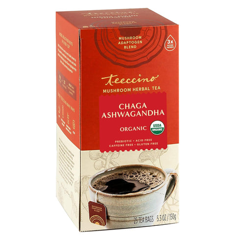 Teeccino Organic Mushroom Herbal Tea, Chaga Ashwagandha, Butterscotch Cream, Caffeine Free, 25