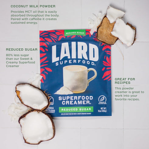 Laird Superfood Non-Dairy Reduced Sugar Coconut Powder Coffee Creamer, Keto, No Sugar Added, Gluten Free, Vegan, 8 oz.
