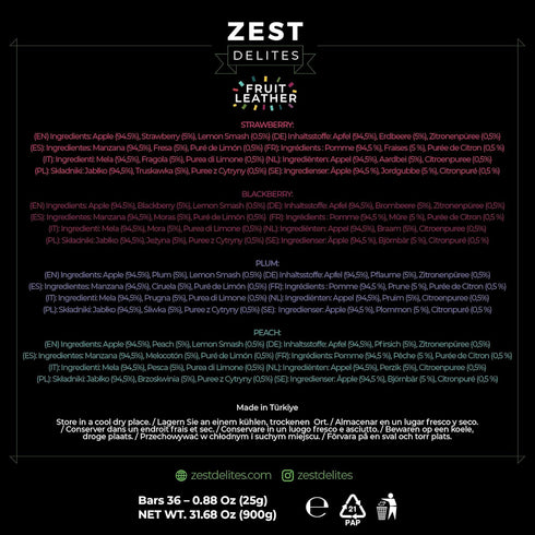 0.88 oz 36 Fruit Snacks by Zest Delites, Fruit Leather, Healthy Snacks for Adults & Kids, Vegan Apple-Based Strips