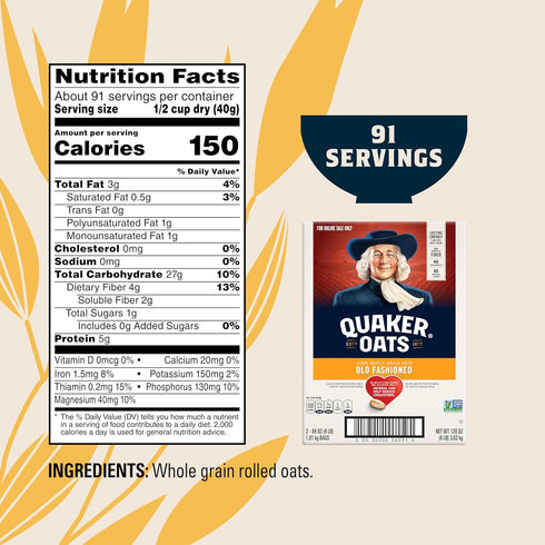 64oz 90 4 (Pack 2) Quaker Old Fashioned Rolled Oats, Non GMO Project Verified, Two Bags in Box, Servings, Pound