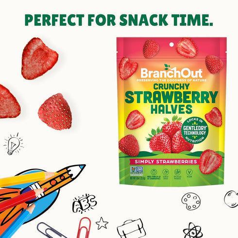 100% 2 oz (Pack 8) BranchOut Crunchy Strawberry Halves, Fruit, Real Dried Strawberries No Added Sugar, GentleDry