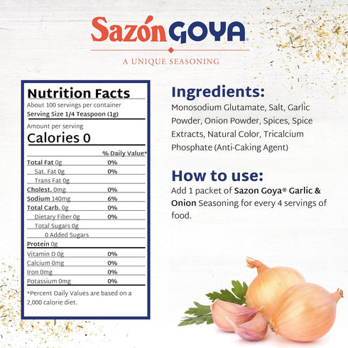 3.52oz Sazn with Garlic and Onion by Goya, Latin Spice Blend for Poultry, Seafood, Meat and Vegetables, All Purpose