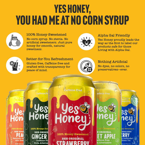 Pack, 5 11oz 100% Yes Honey Sparkling Tea & Soda Variety Flavors, Cans, Honey-Sweetened, Functional Teas