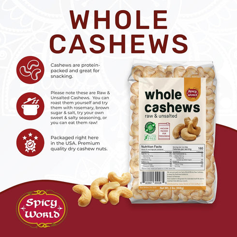 Spicy World 2 (32oz) Raw Cashews Whole Pound - Non-GMO, Unsalted, Natural & Pure Whole Cashews - Great for Pesto