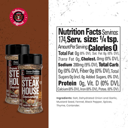 Sauce Goddess Super Chunk Steakhouse Spice Shaker (2-Pack), Versatile Steak Seasoning, BBQ Rub for Chops, Chicken